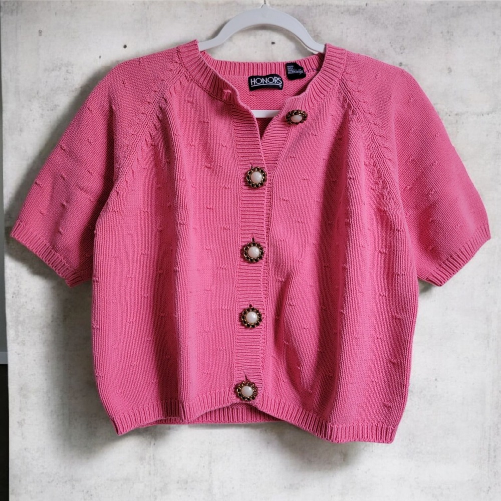 Vintage HONORS 100% Cotton Pink Short Sleeve Thick Knit Cardigan Sweater Medium‎